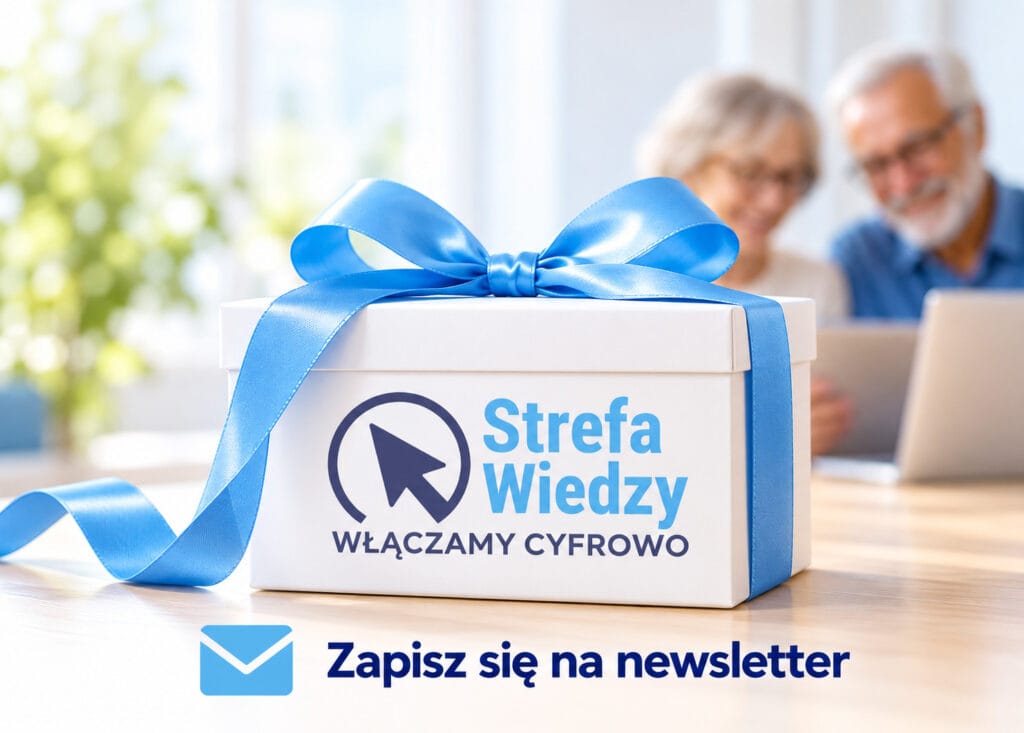 Białe pudełko prezentowe z niebieską kokardą i logo Strefy Wiedzy „Włączamy Cyfrowo”. W tle dwoje uśmiechniętych seniorów korzystających z laptopa. Na dole grafiki napis „Zapisz się na newsletter” z ikoną koperty.