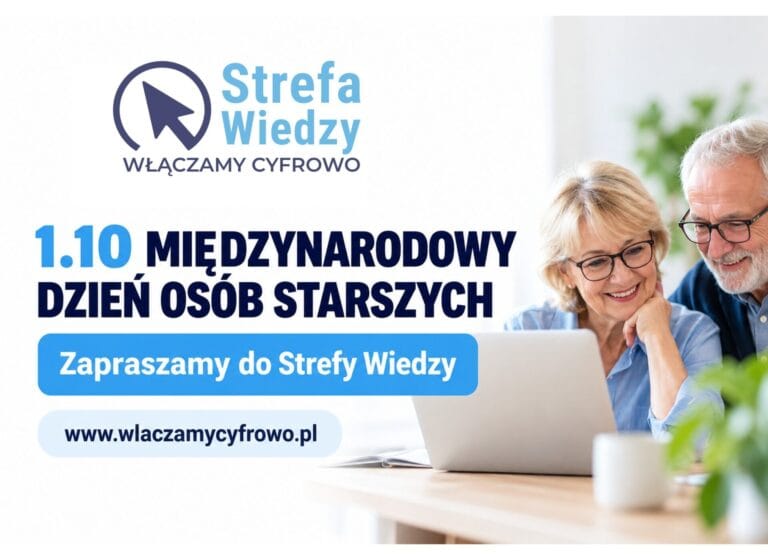 Seniorka i senior korzystają wspólnie z laptopa. Grafika z okazji Międzynarodowego Dnia Osób Starszych zaprasza do Strefy Wiedzy na www.wlaczamycyfrowo.pl